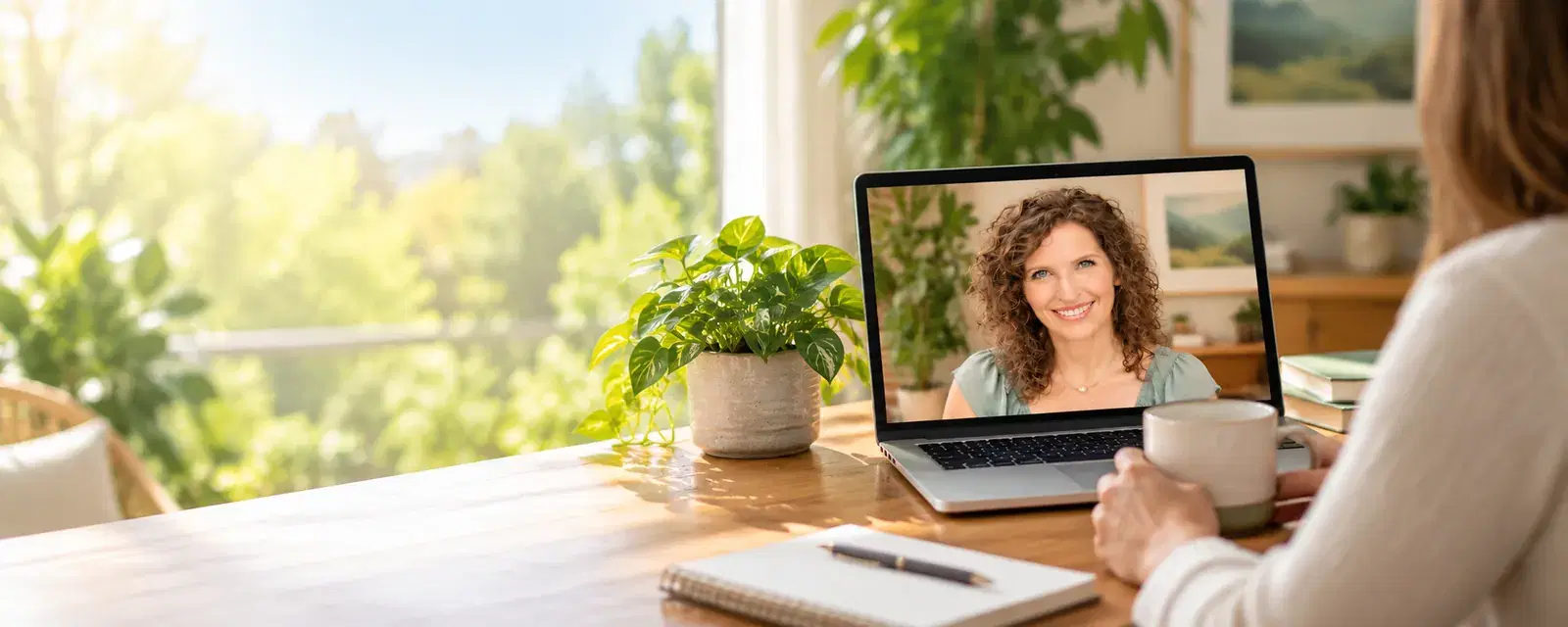 Dr. Jennings on a video call, seen on a laptop at a sunny kitchen table